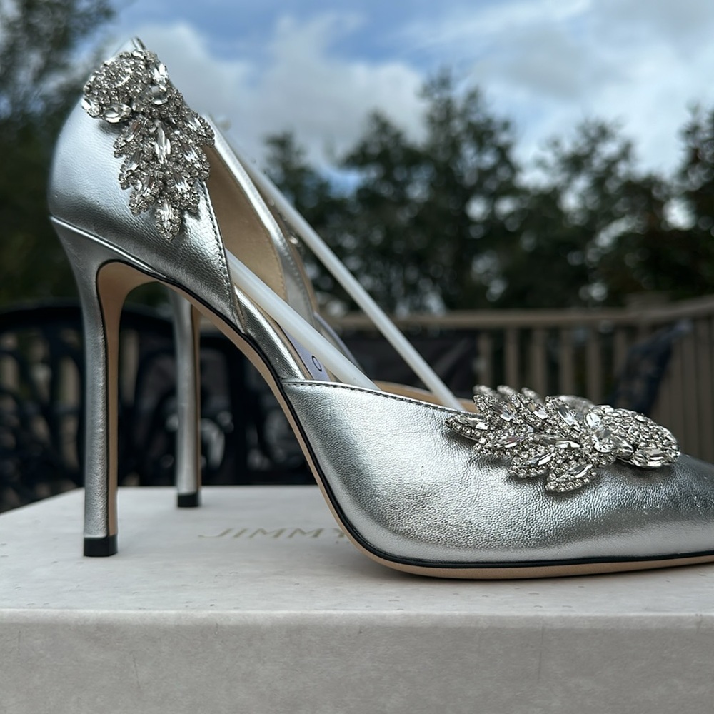 Jimmy Choo Silver Leather Teja Embellished Heels - Picture 4 of 12